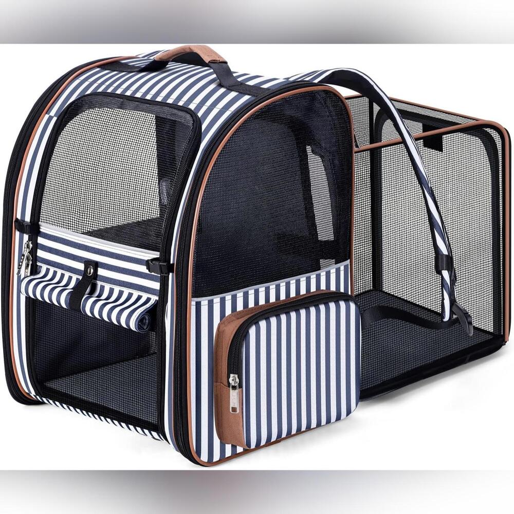 Striped Navy & White Expandable Pet Carrier Travel Bag by